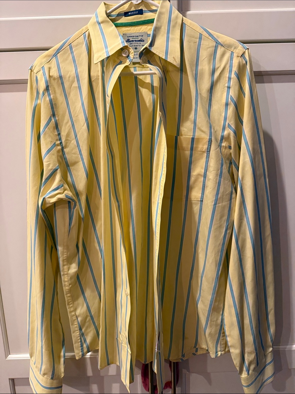 Abercrombie & Fitch Yellow Shirt with Blue and White Stripes medium